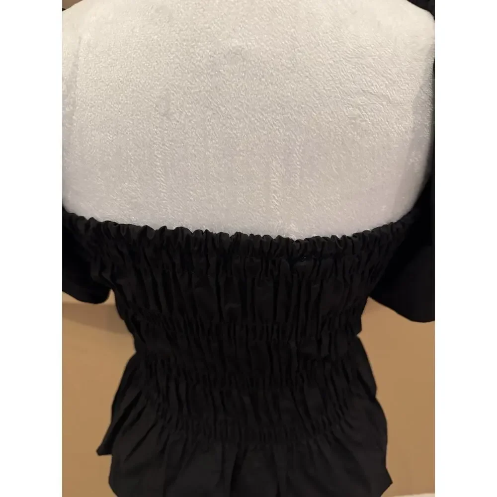 Astr The Label Savina Top Black Smocked Bubble Puff Sleeves Peplum Coquette Sz S